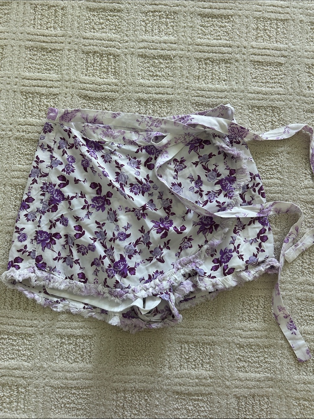 For Love And Lemons White Shorts with Purple Floral Print